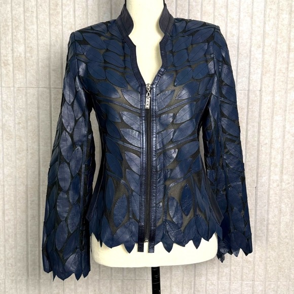 Erin Leather Leaf Cut Lambskin Jacket Womens EU 38 / US M Midnight Navy Turkey - Picture 2 of 14